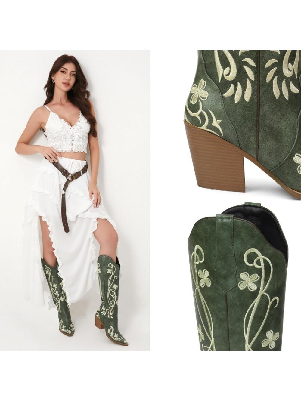 Women's Green Pu Cowgirl High Knee Vintage with Floral Embroidered Footwear - Picture 2 of 6